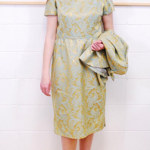1960's Green and Gold LESLIE FAY Jacquard Brocade Jacket and Dress Suit / Jackie Kennedy / Mad Men / Rare Collectable shops Retro / bjr