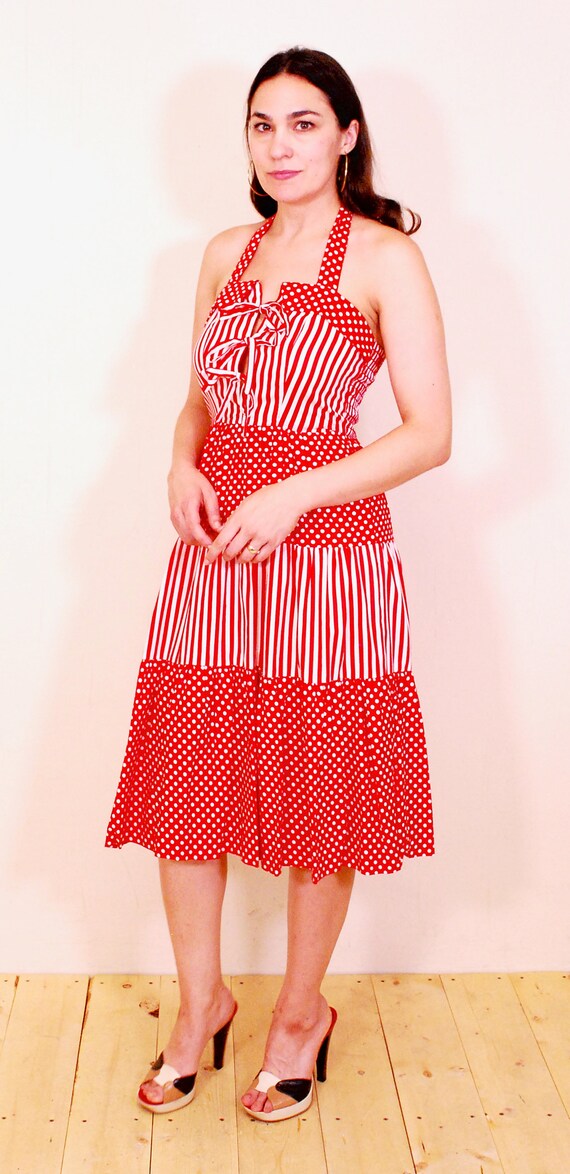 1970's Red and White PANTEL Summer Halter Dress /… - image 5