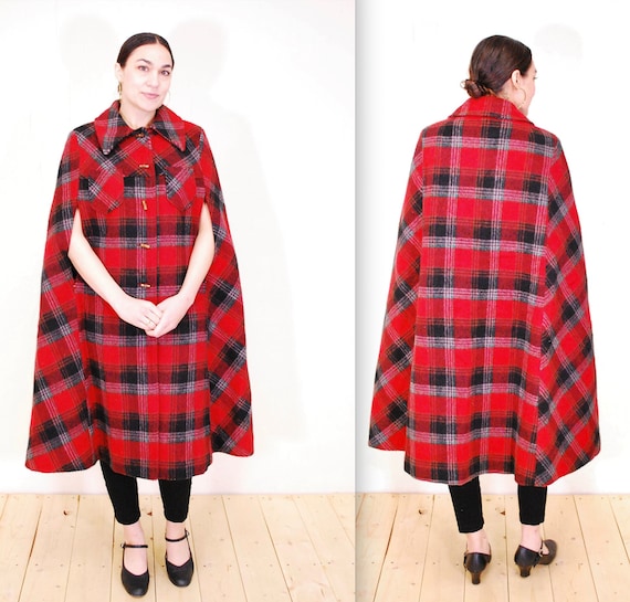 1960's/70's Red NICCOLINI Wool Plaid Winter Cape … - image 1