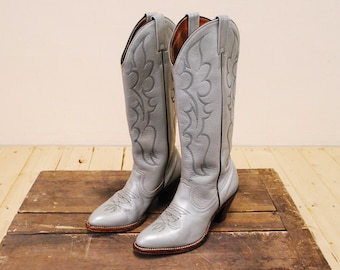 1970's Silver Leather Women's Cowboy Boots / Western Boots / Size 6 / Rare Collectable Retro / bjr