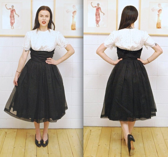 1950's/60's White Lace and Black Chiffon Fit and … - image 1