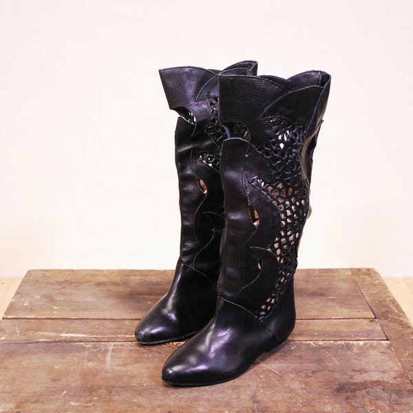 1980's/90's Deadstock ARNOLD CHURGIN Black Leather Women's Perforated Cutout Disco Boots / Size 6 1/2 / Rare Collectable Retro / bjr