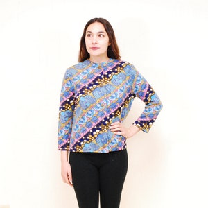 1960&#39;s Blue Floral KIO Print Cardigan Sweater / Made in W. Germany / Rare Collectable Retro / bjr