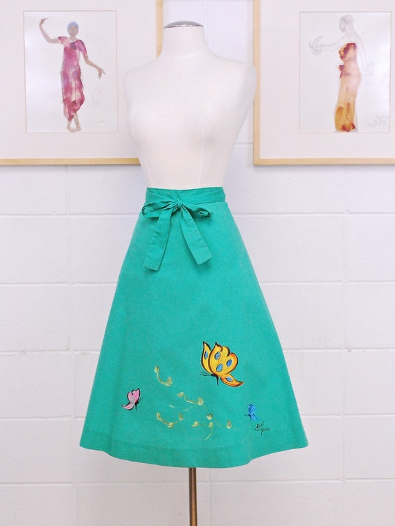 1950's/60's Green Wrap Skirt with Hand Painted Bu… - image 3