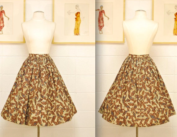 1940's/50's Brown and Teal Leaf Print Swing Skirt… - image 2