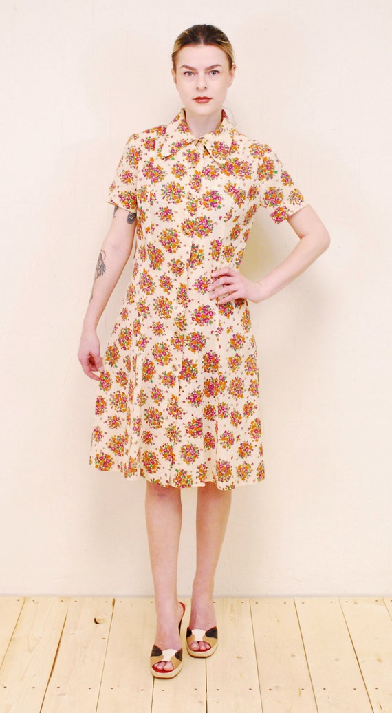 1960's/70's Tan Floral Hippie Dress / Summer Dres… - image 3