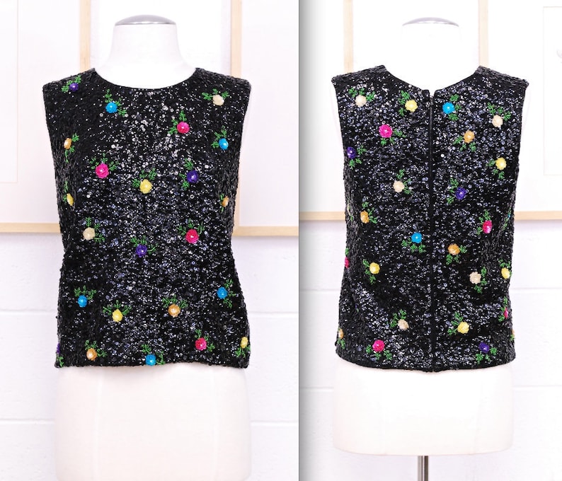 1960/'s Black Beaded Blouse with Flower Details Sequins Mad Men Rockabilly Mod Rare Collectable Retro