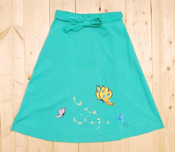 1950's/60's Green Wrap Skirt with Hand Painted Bu… - image 5