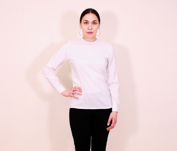Salvatore Ferragamo, 1980's/90's SALVATORE FERRAGAMO White Striped Silk Blouse / Rare Collectable Retro