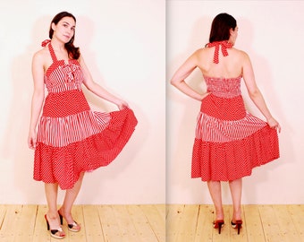 1970's Red and White PANTEL Summer Halter Dress / Rockabilly / Rare Collectable Retro / bj