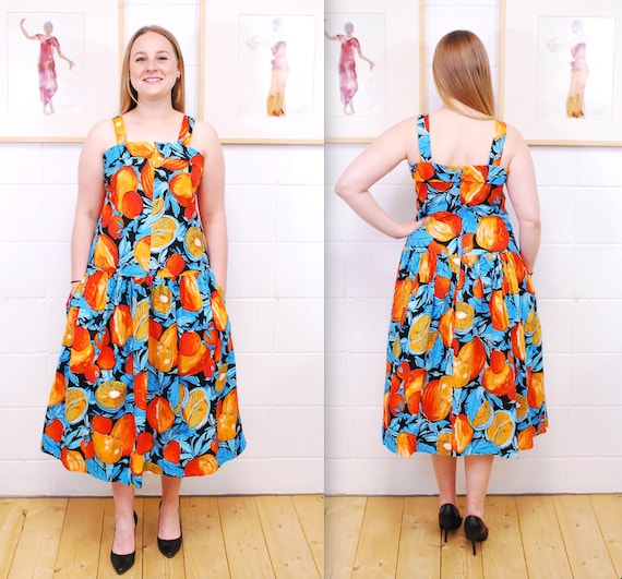1980's Tropical Fruit Print Summer Sun Dress / Tank Dress / Rare