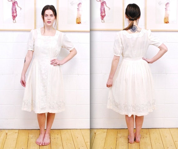 1920's/30's White Cotton/Linen Embroidered Dress /