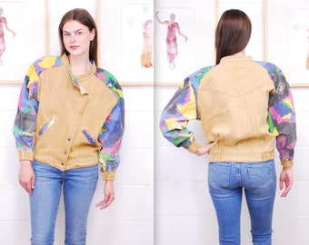 1980's/90's BUGLE BOY Brown Denim Cropped Jacket with Geometric Print Detail / Rare Collectable Retro / bjr