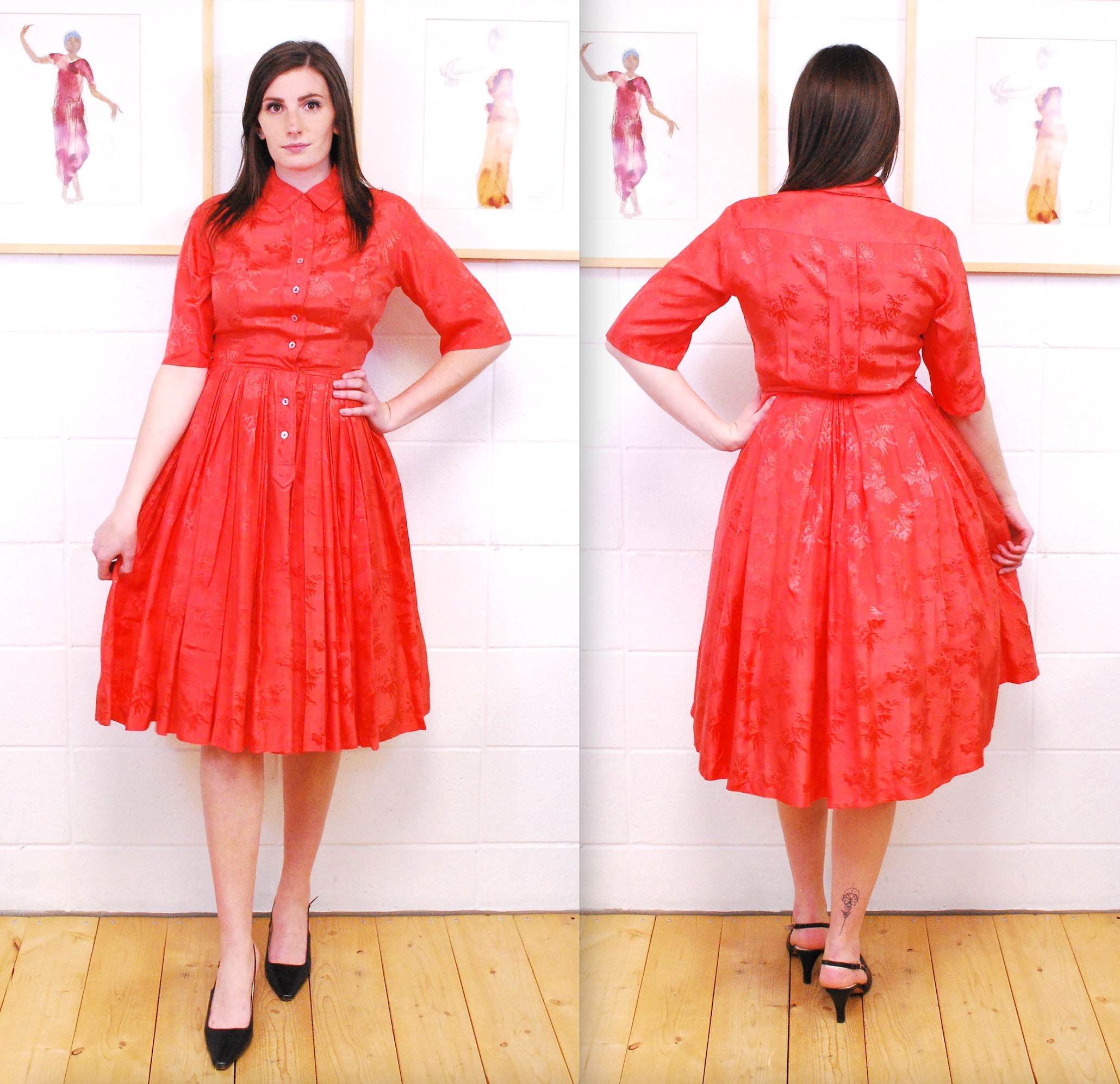 1960's Candy Apple Red MARTHA CLYDE Fit and Flare Silk Party Dress