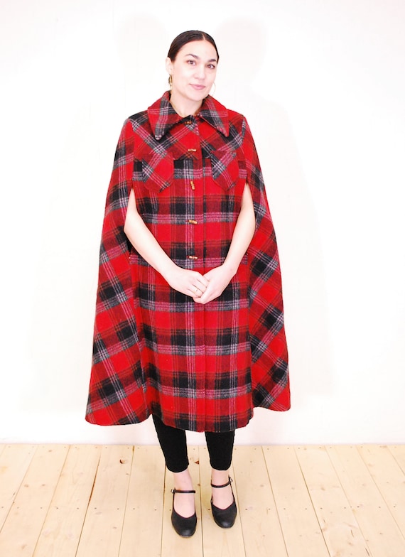 1960's/70's Red NICCOLINI Wool Plaid Winter Cape … - image 2