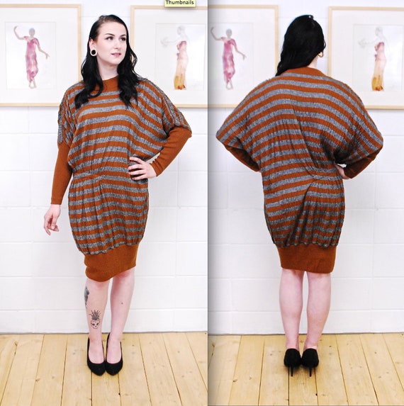 1980's ISSEY MIYAKE Brown and Grey Knit Dress / M… - image 1