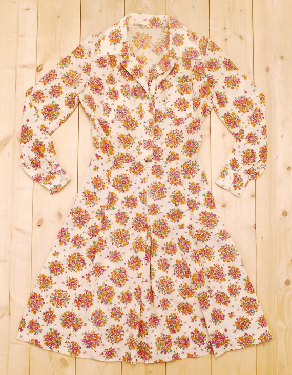 1970's Tan Floral Cotton Gauze Summer Dress / Hip… - image 7
