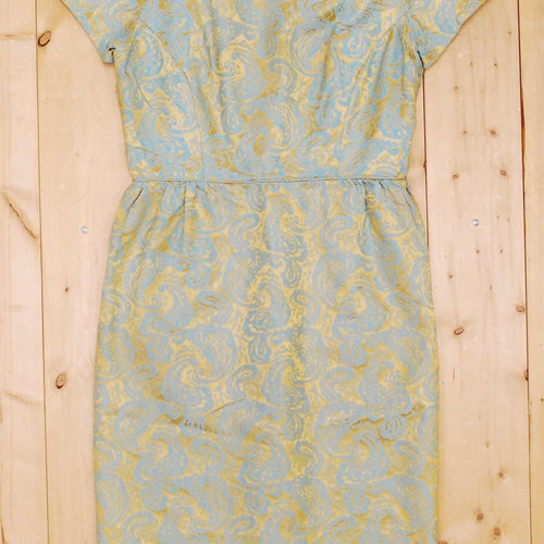 1960's Green and Gold LESLIE FAY Jacquard Brocade Jacket and Dress Suit / Jackie Kennedy / Mad Men / Rare Collectable shops Retro / bjr