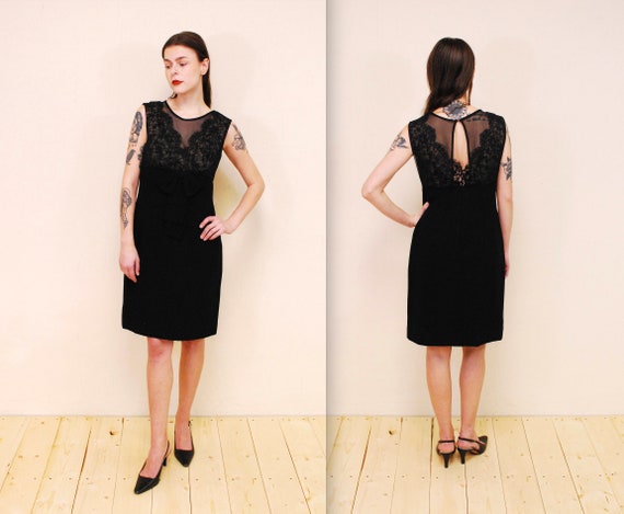 1960's Black PETTISIZE JR. Party Dress With Lace Bodice / Evening