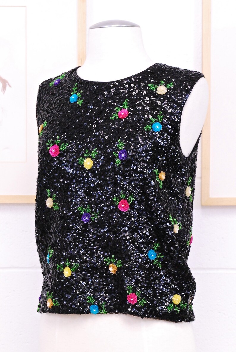 1960/'s Black Beaded Blouse with Flower Details Sequins Mad Men Rockabilly Mod Rare Collectable Retro