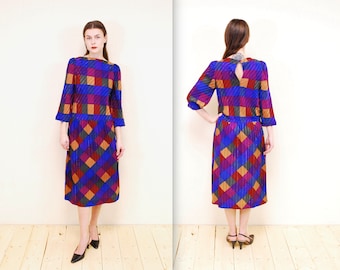 1980's Multi Color Check JOSEPHINE Silk Evening Dress / Party Dress / Disco / Studio 54 /  Rare Collectable Retro / bjr