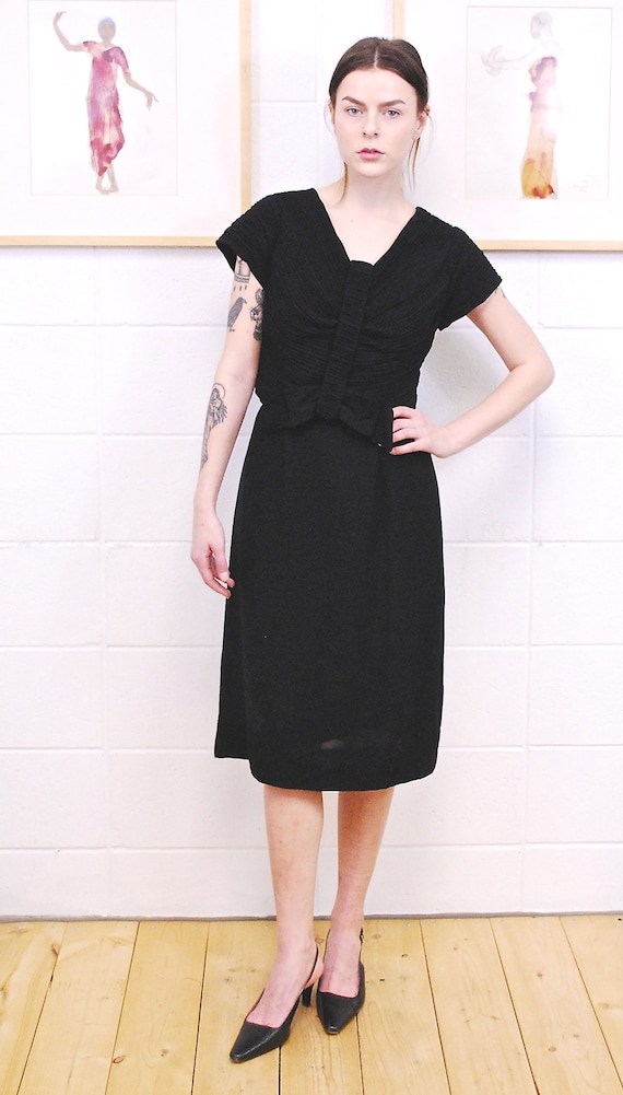 1960's Black Party Dress with Bodice Ruching and … - image 3