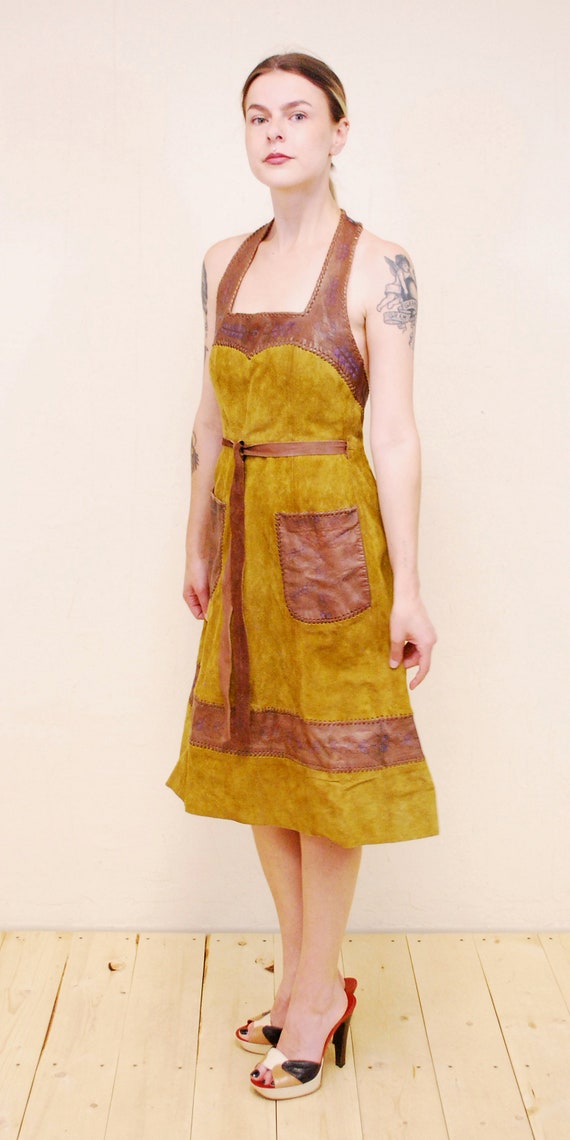 1970's Brown CHAR Hand Painted Suede Halter Wrap … - image 4