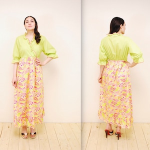 1960&#39;s/70&#39;s Lime Green Floral Summer Maxi Dress / Hippie Dress / Rare Collectable Retro / bjr
