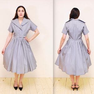1950&#39;s Blue and White Taffeta Party Dress with Large Lapel Detail / Rare Collectible Retro
