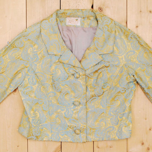 1960's Green and Gold LESLIE FAY Jacquard Brocade Jacket and Dress Suit / Jackie Kennedy / Mad Men / Rare Collectable shops Retro / bjr