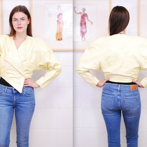 Vintage 1980&#39;s Pale Yellow BOUTIQUE of LEATHERS Women&#39;s Cropped Leather Jacket / Disco / Retro Collectable Rare / bjr