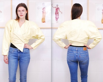 Vintage 1980's Pale Yellow BOUTIQUE of LEATHERS Women's Cropped Leather Jacket / Disco / Retro Collectable Rare / bjr