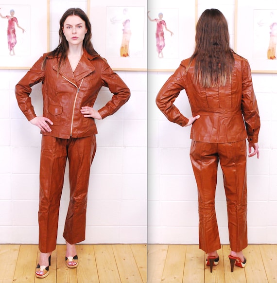 Vintage 1970's Brown LINDZON Women's Leather Jacket and Pants Set