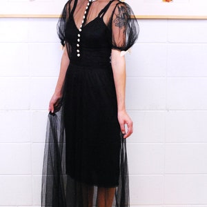 1920's/30's Black Tulle Dress with Silk Covered Buttons and Collar Trim / Rare Collectible Retro image 5