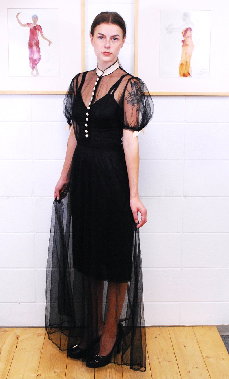 1920's/30's Black Tulle Dress with Silk Covered Buttons and Collar Trim / Rare Collectible Retro image 5