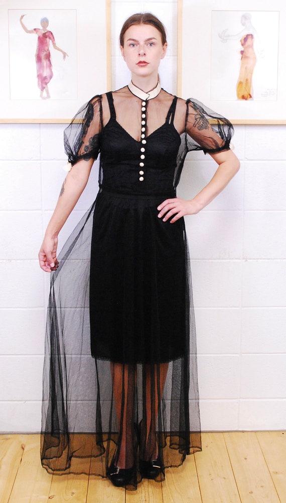 1920's/30's Black Tulle Dress with Silk Covered B… - image 4