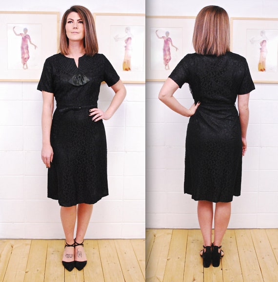 1950's/60's Black Brocade Wiggle Dress with Satin… - image 1