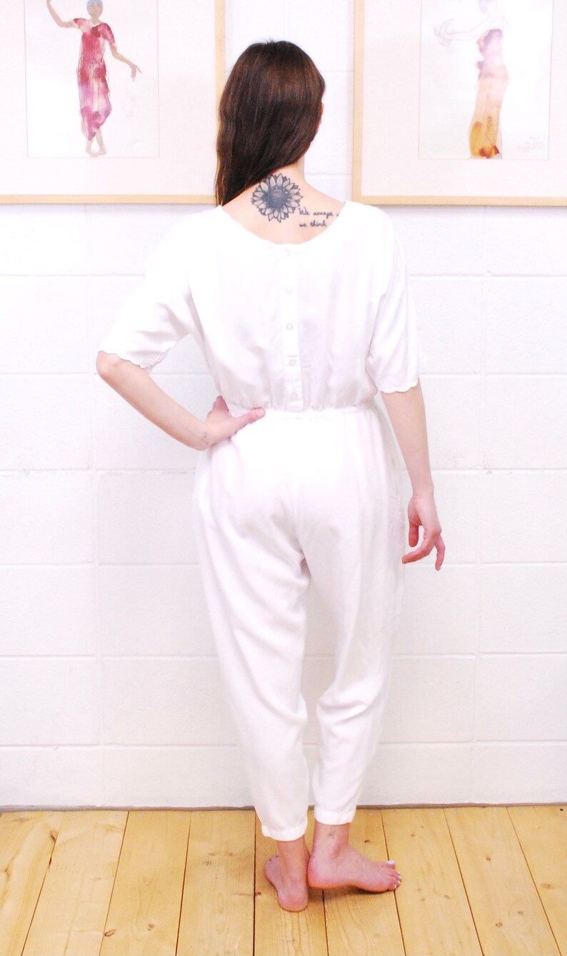 1980/'s White HIBIS Floral Embroidered Romper  Play Suit  Onesie  Jumper  Disco  Boho  Rare Collectible Retro Curiosity Inc