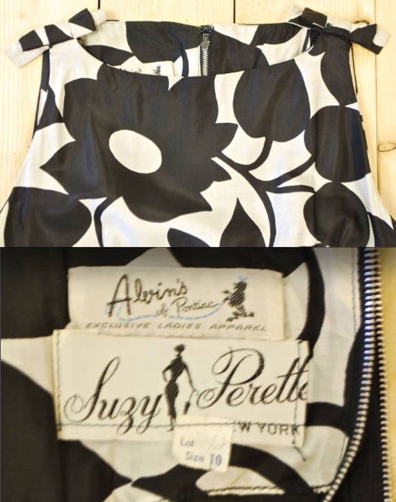 1960's SUZY PERETTE Black Floral Silk Dress / Sho… - image 6