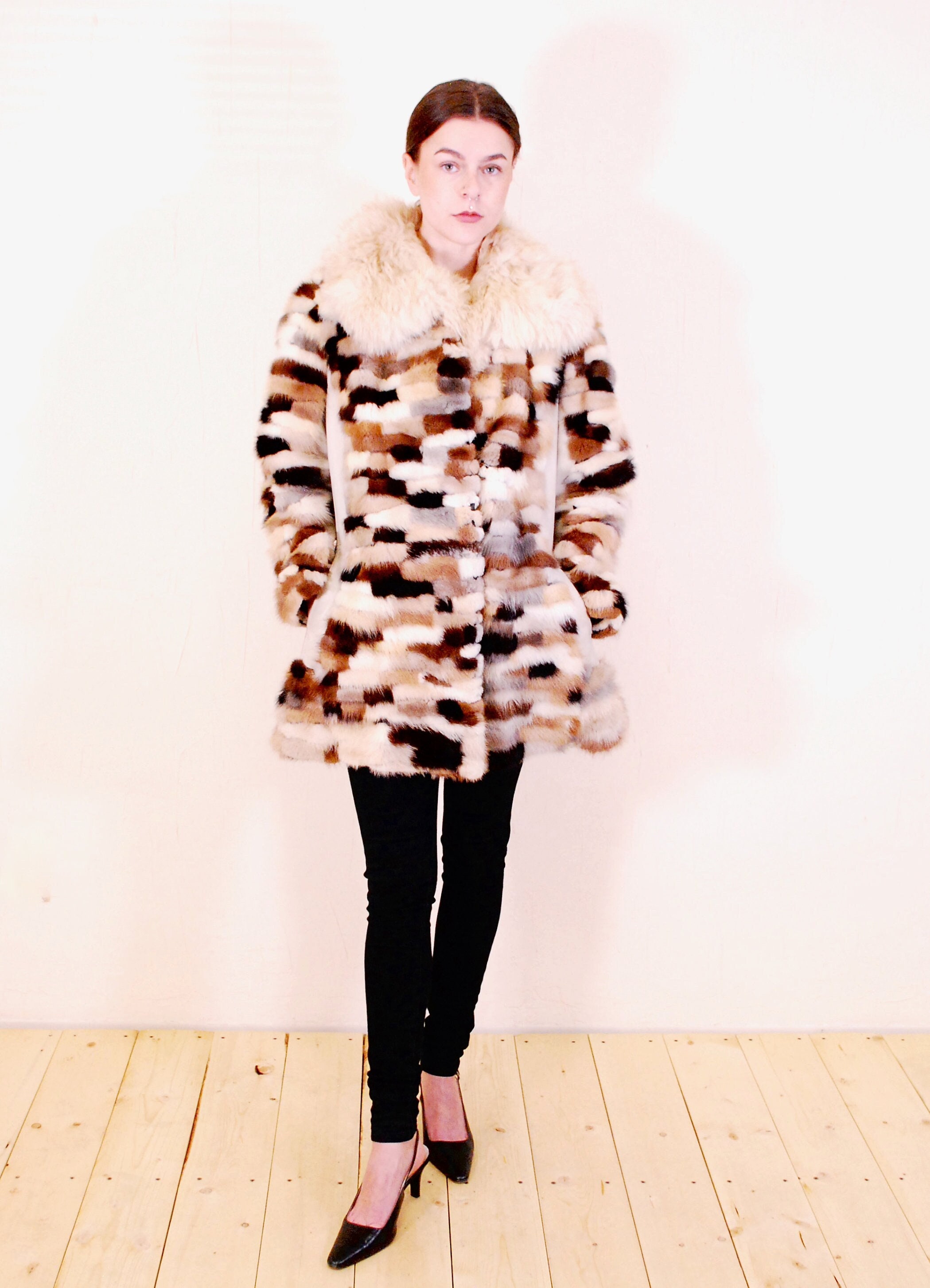 ジャケット・アウター HAND-PAINTED RECYCLE FUR JACKET Vintage Denim Coat With Faux Fur Hippie Afghan Coat Faux