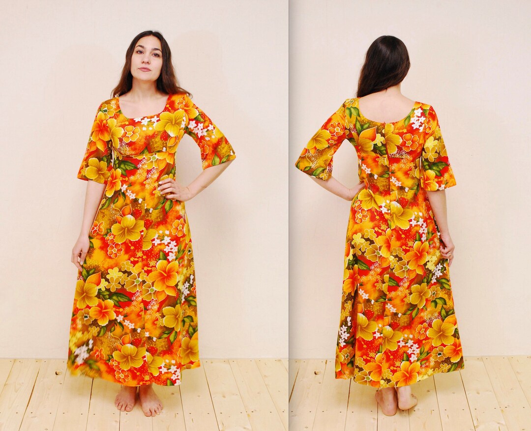 1960's/70's Bright Orange Floral UI MAIKAI Bark Cloth Barkcloth