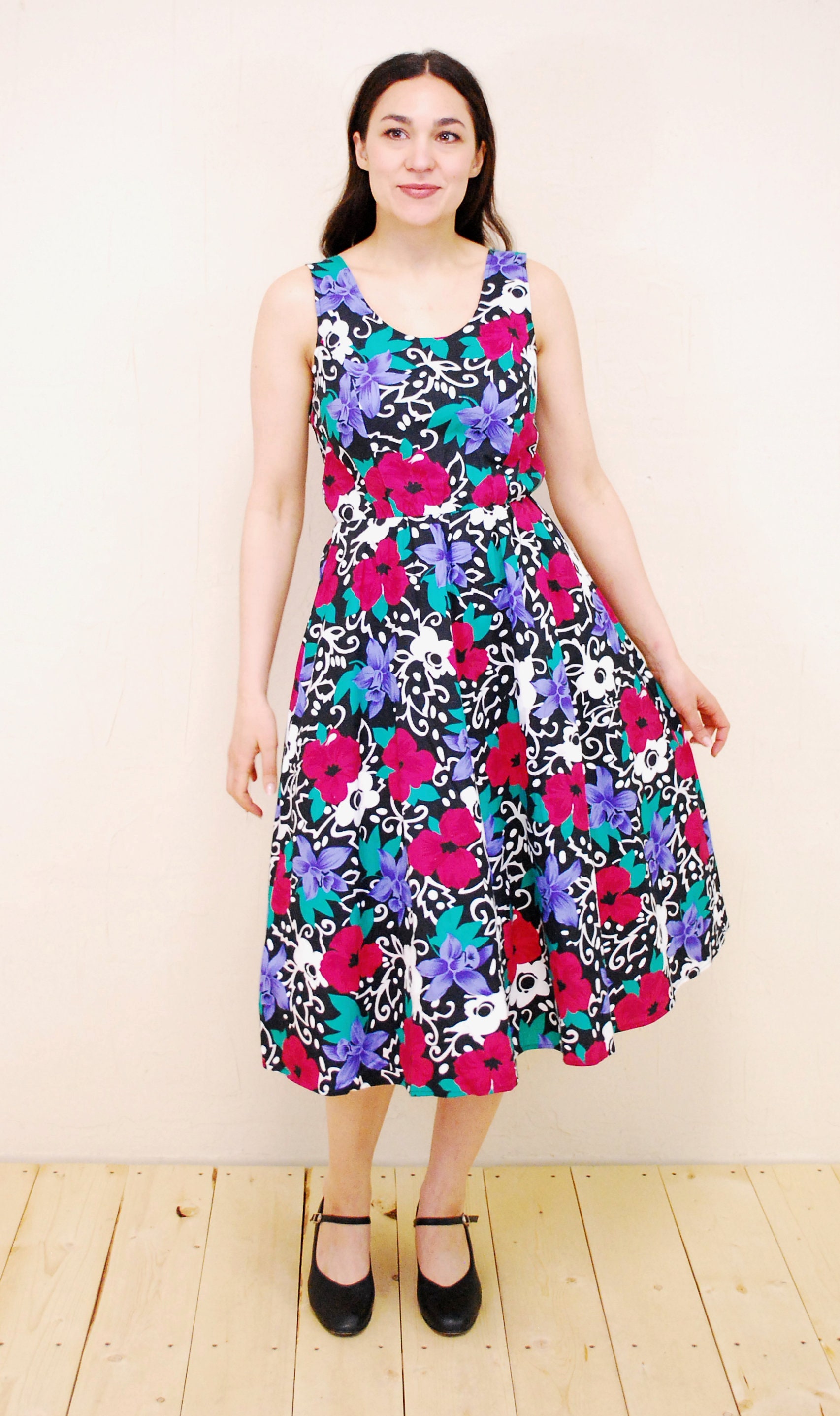 1980s Black Floral Halter Dress by Foxy Lady | XS/S