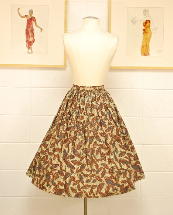 1940's/50's Brown and Teal Leaf Print Swing Skirt… - image 3