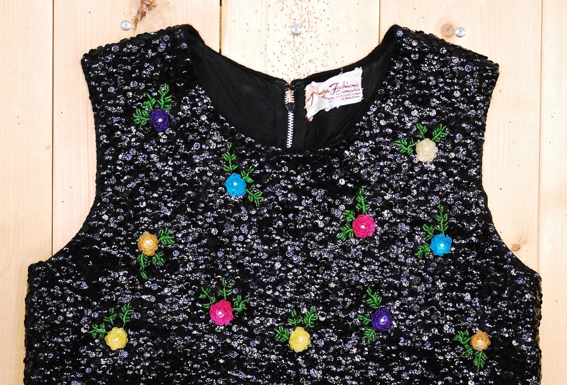 1960/'s Black Beaded Blouse with Flower Details Sequins Mad Men Rockabilly Mod Rare Collectable Retro