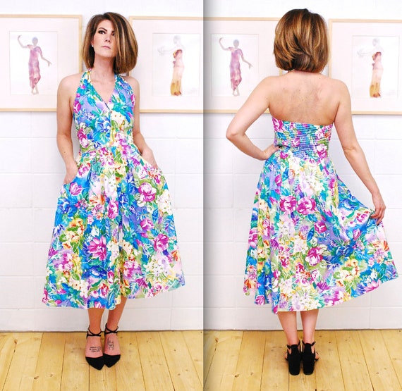 1980's SAVANNAH Floral Print Summer Halter Dress /