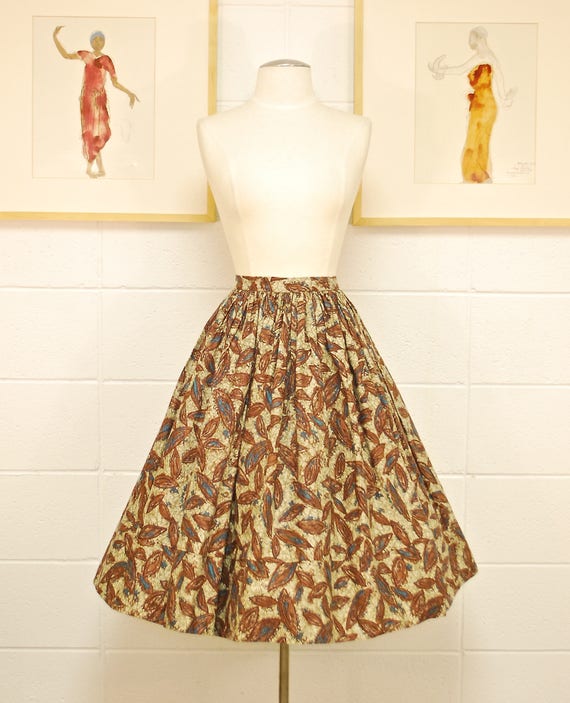 1940's/50's Brown and Teal Leaf Print Swing Skirt… - image 1