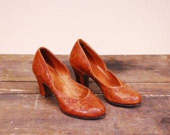 1970 / 80 Marrone Scarpe / Pompe in pelle / Taglia 4B / Raro Retro da collezione / bjr