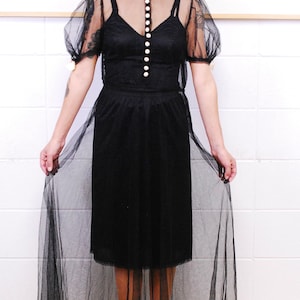 1920's/30's Black Tulle Dress with Silk Covered Buttons and Collar Trim / Rare Collectible Retro image 3