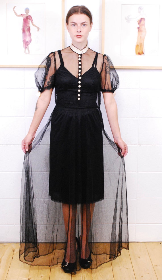 1920's/30's Black Tulle Dress with Silk Covered B… - image 3