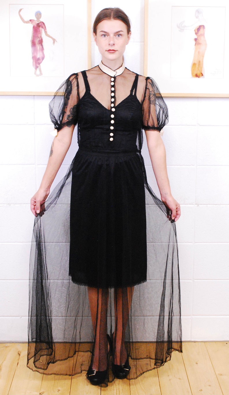 1920's/30's Black Tulle Dress with Silk Covered Buttons and Collar Trim / Rare Collectible Retro image 3